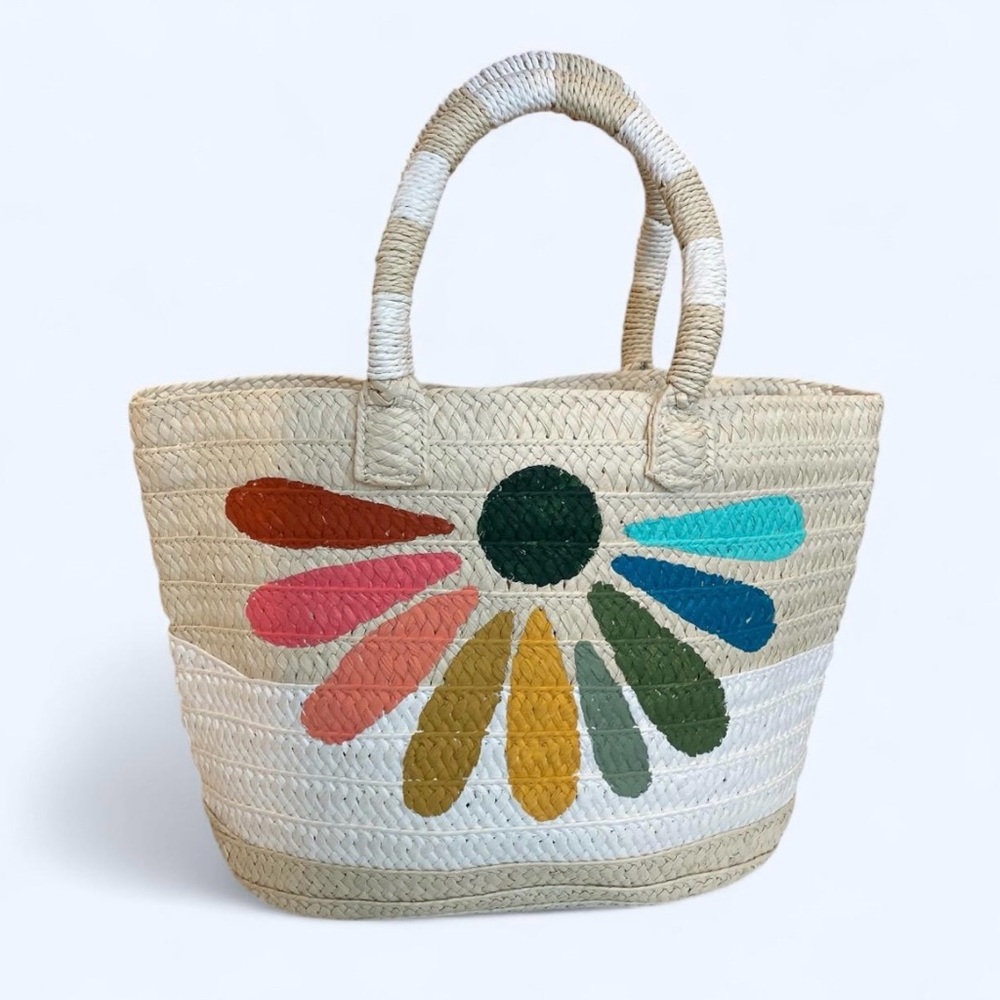 Straw Tote Bag with Hand Painted Flower Detail / Beach Bag, Farmer's Market Tote